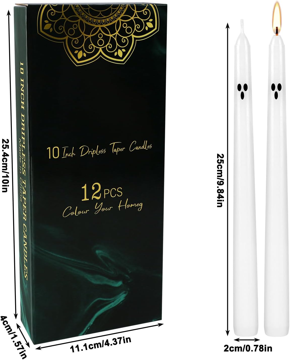 12 Pack Halloween Taper Candles - 10 Inch White Ghost Face Smokeless Candles, Long-Lasting 7+ Hour