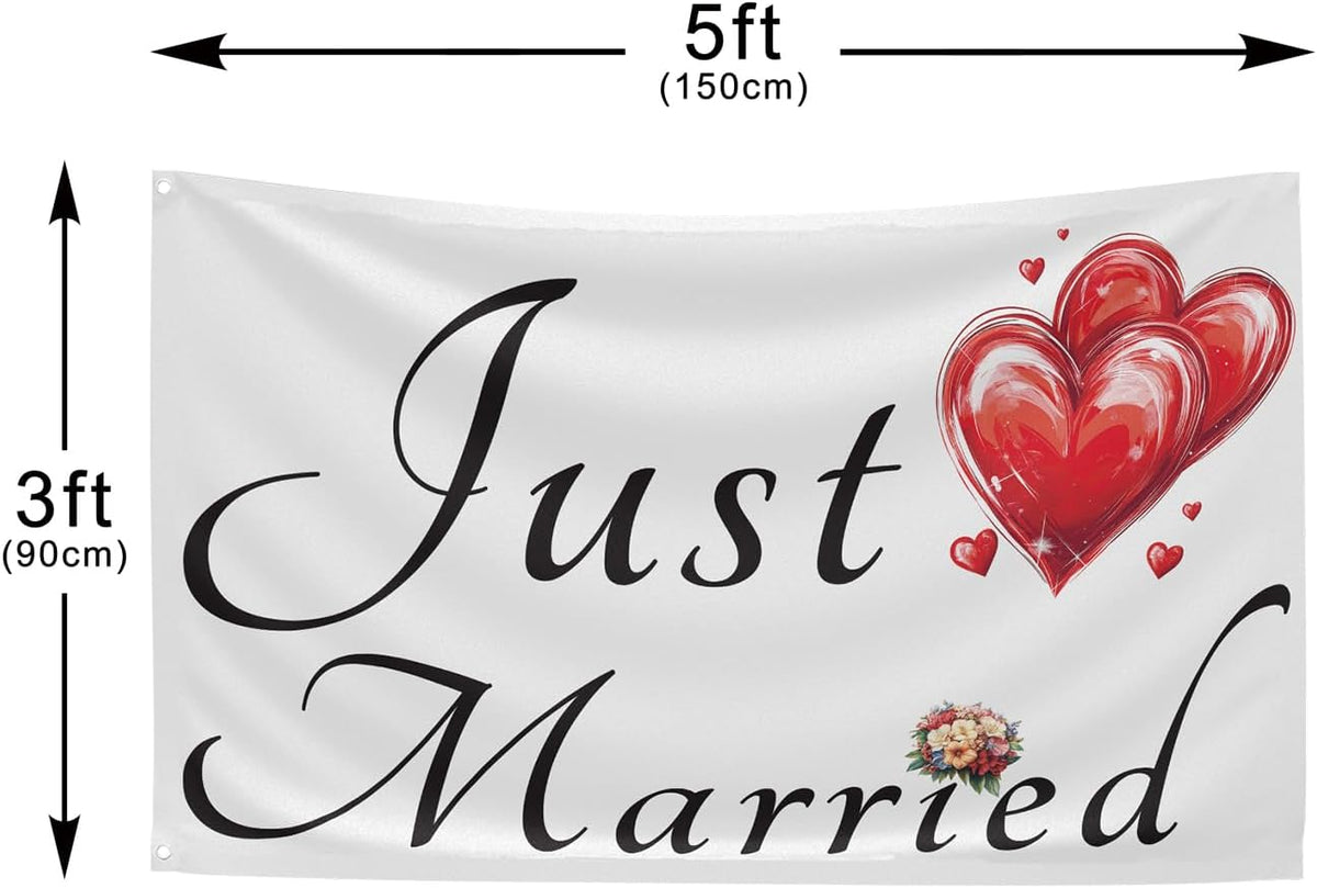 Just Married Flag Banner Outdoor Indoor Decoration Flag 3x5 FT Double Stitched Polyester with Brass