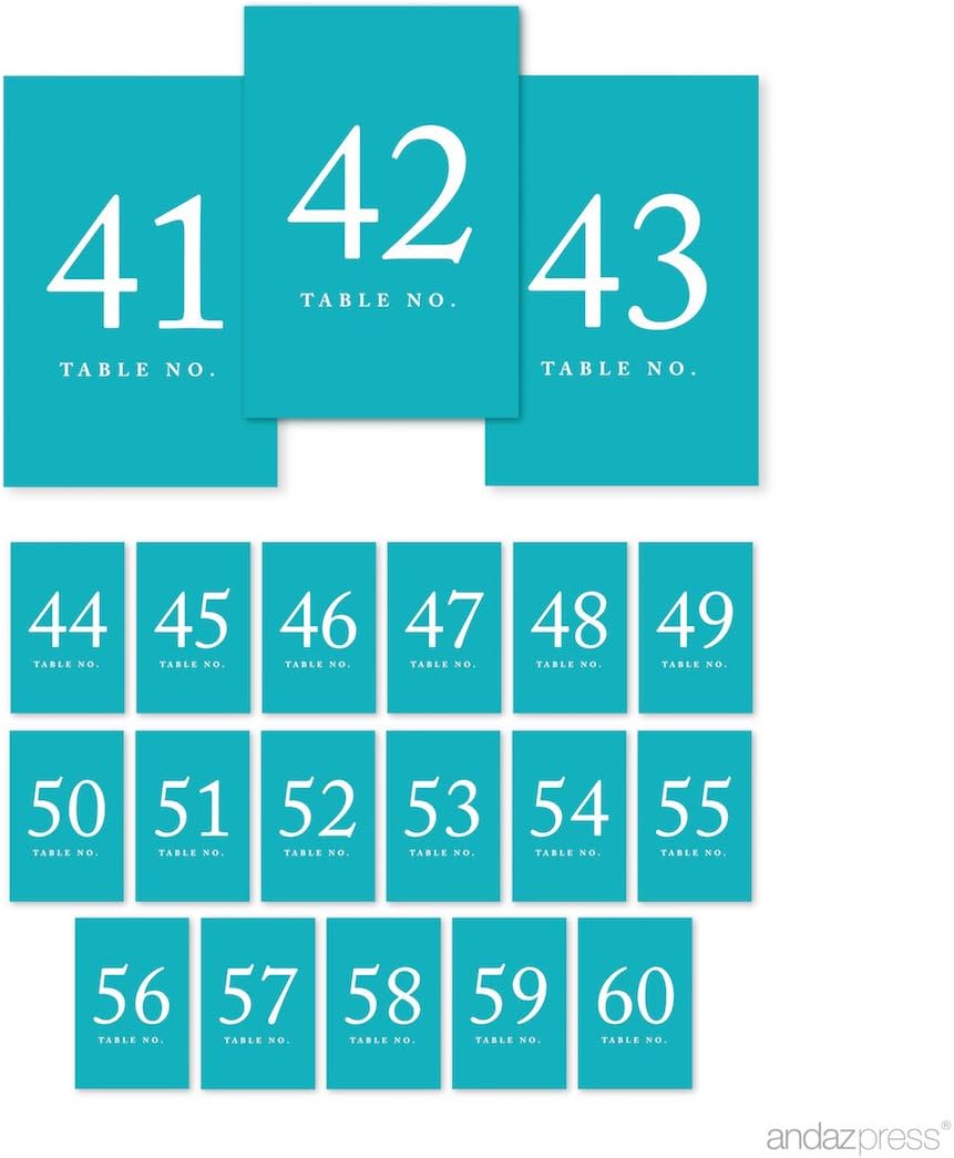 Andaz Press Aqua Turquoise Wedding Table Numbers 41-60, 4x6-Inches Table Number Cards For Wedding