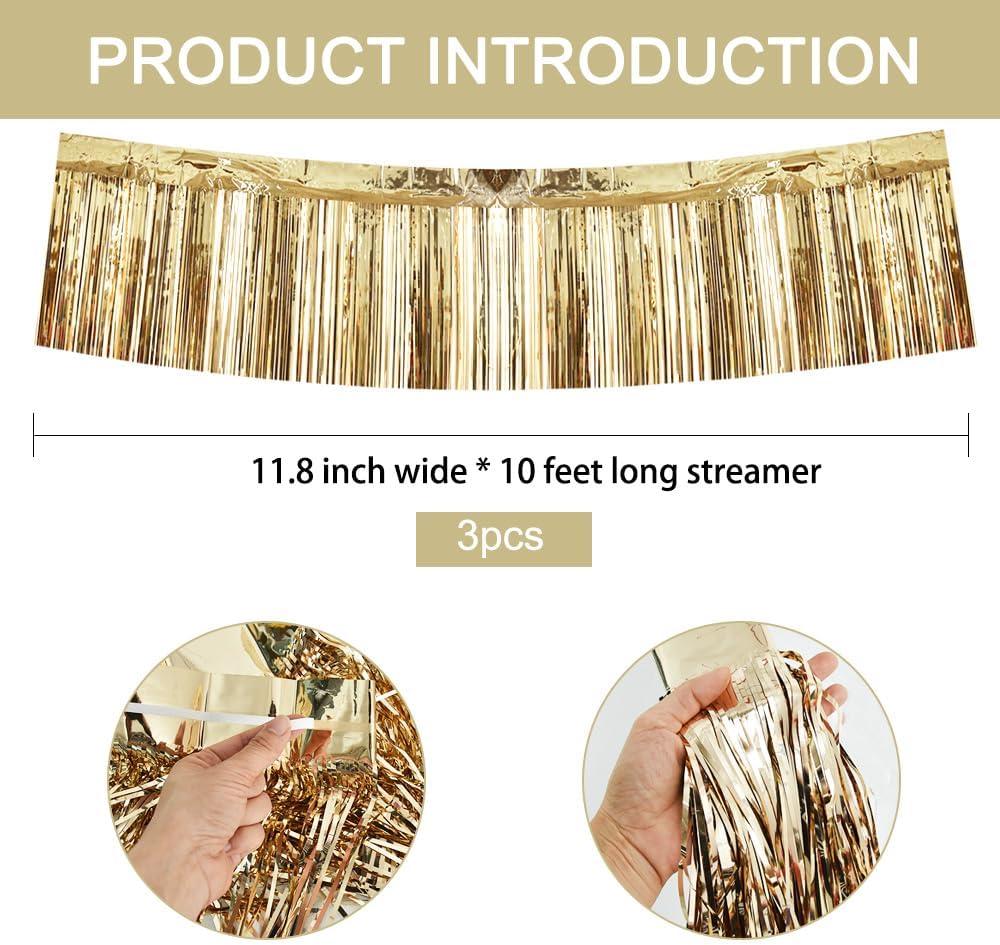 BEISHIDA 3 Packs Metallic Foil Fringe Garland Champagne Wall Hanging Tinsel Fringe Banners for Car