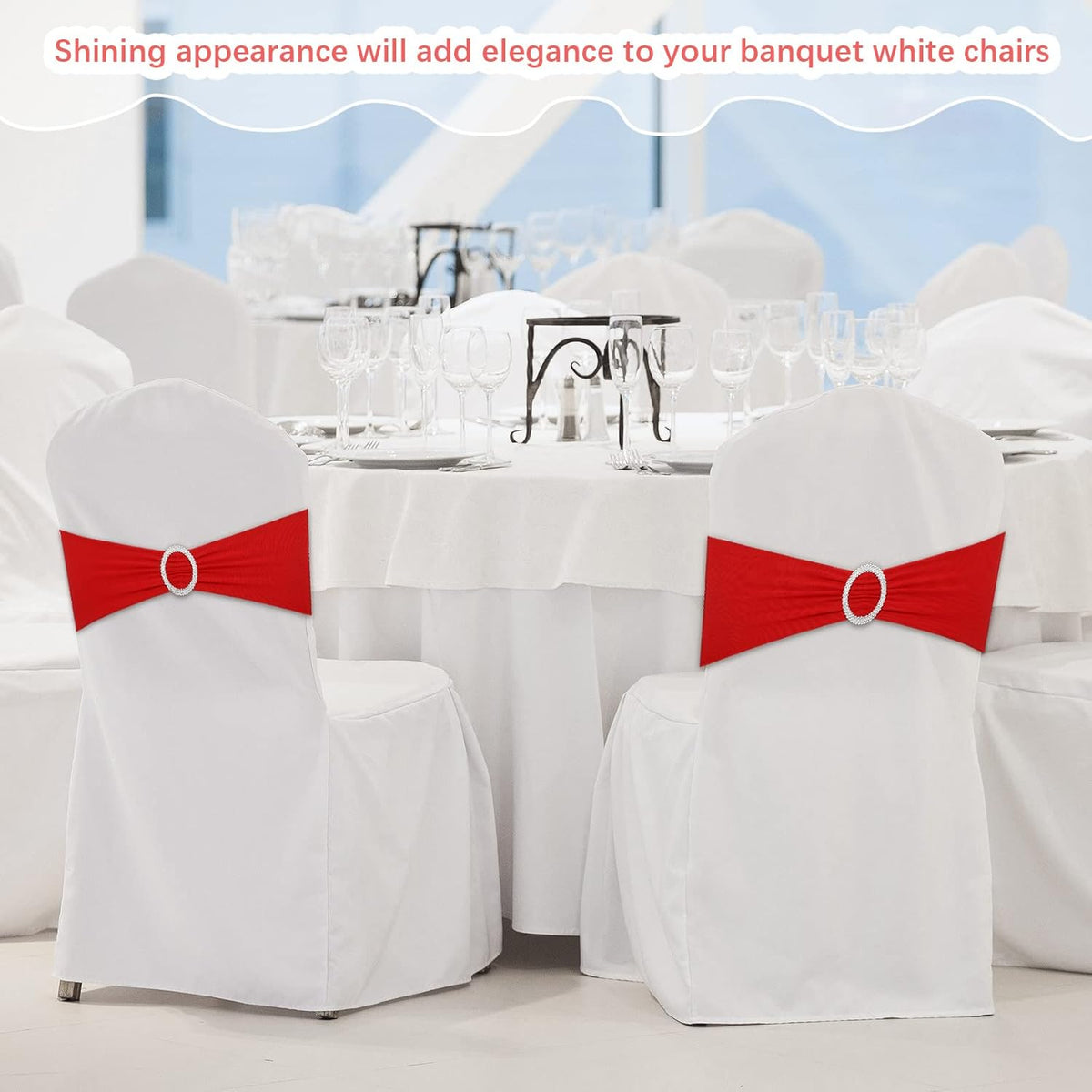 CHENGU 150 Pieces Spandex Stretch Chair Sashes Bows Elastic Chair Cover Bands Ties with Buckle
