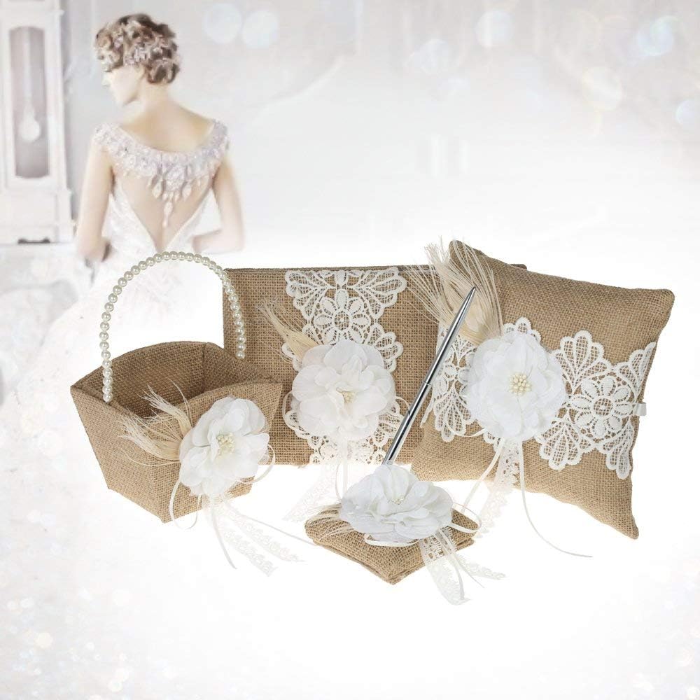 Fbest 4pcs/Set Vintage Rustic Burlap Wedding Supplies Flower Girl Basket + Ring Bearer Pillow +