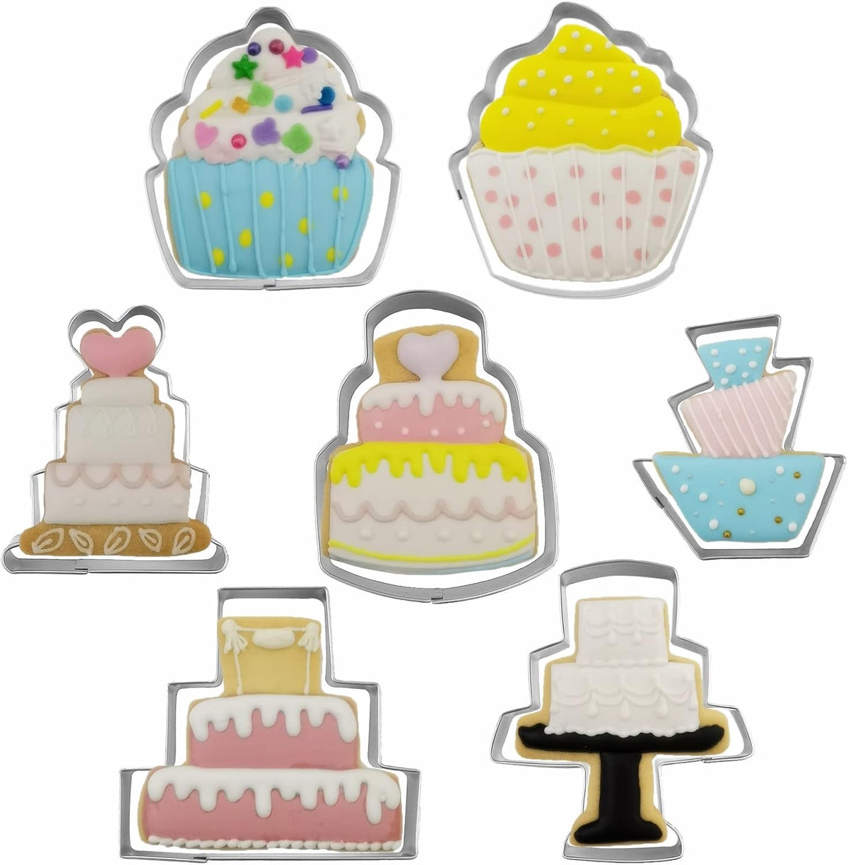 Cake Shaped Cookie Cutters Set of 7 pcs, Stainless Steel Cupcake/Birthday Cake/Wedding Cake Series