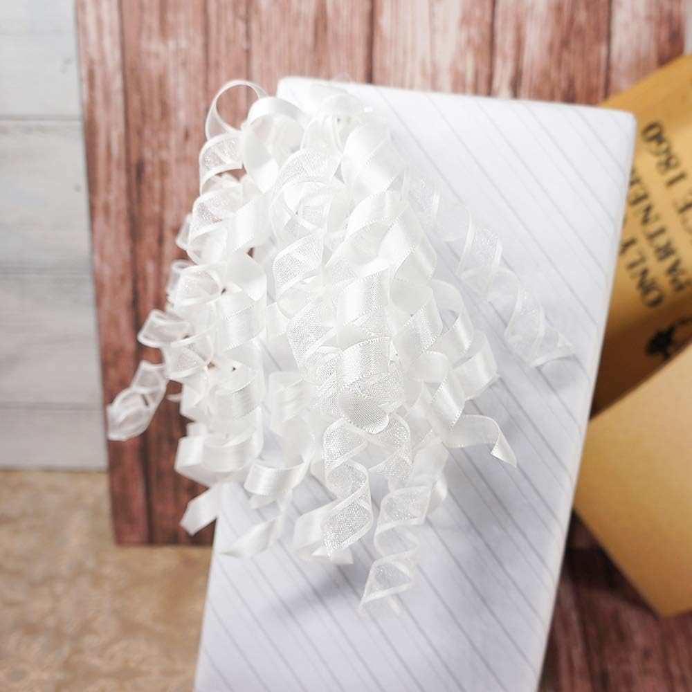 CT CRAFT LLC White Satin and Sheer Curly Ribbon Bow 6" Long x 6 Counts Gift Wrapping Pre-Tied