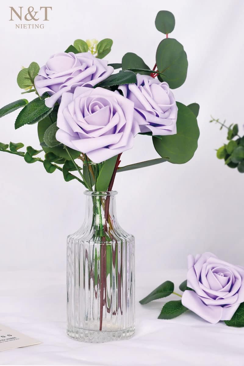 N&T NIETING Artificial Flowers, 50pcs Lavender Fake Rose Flowers with Stem for DIY Wedding Bouquets