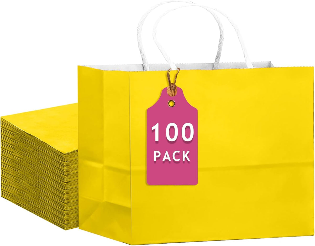 qiqee 100PCS Large Gift Bag with Handles Bulk 13"x4.5"x10" Gift Bags Bright Yellow Multiple Uses