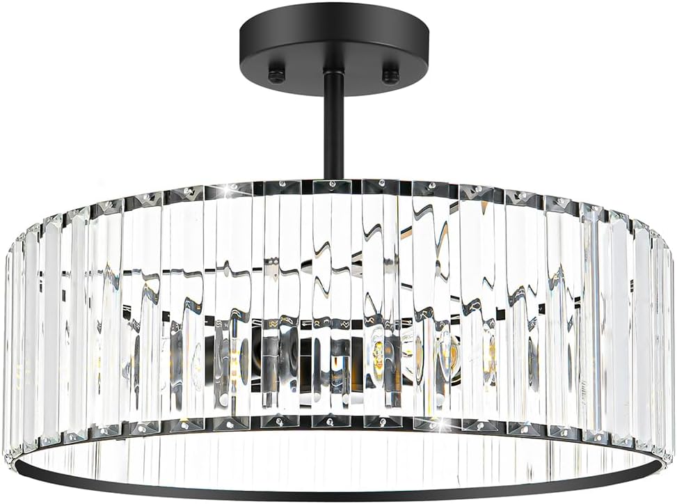 Modern Crystal Ceiling Light Fixture, Semi Flush Mount Ceiling Light, Matte Black Hallway Lighting