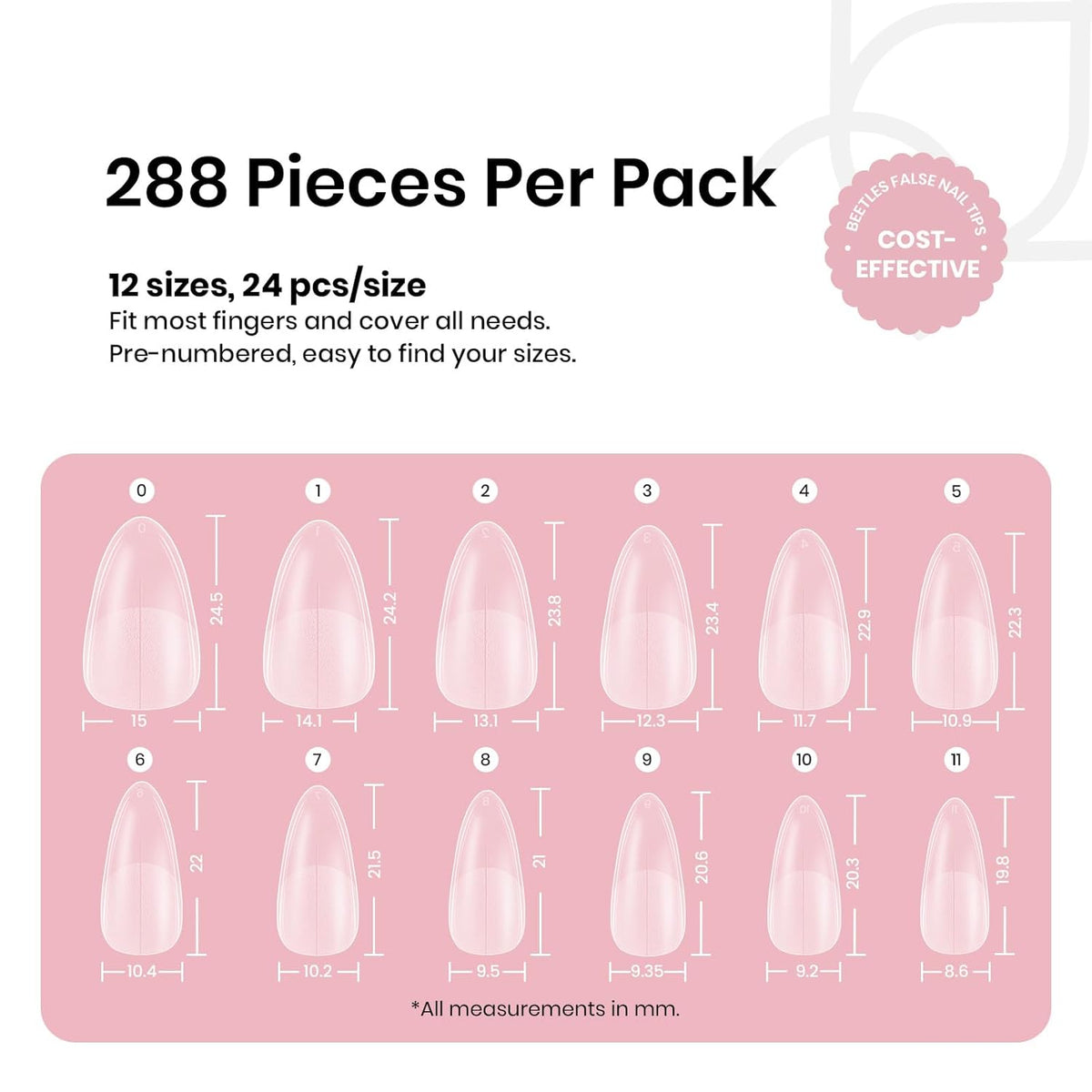 Beetles Medium Almond Nail Tips: 288PCS Medium Almond Matte Clear False Acrylic Press on Nails Tips