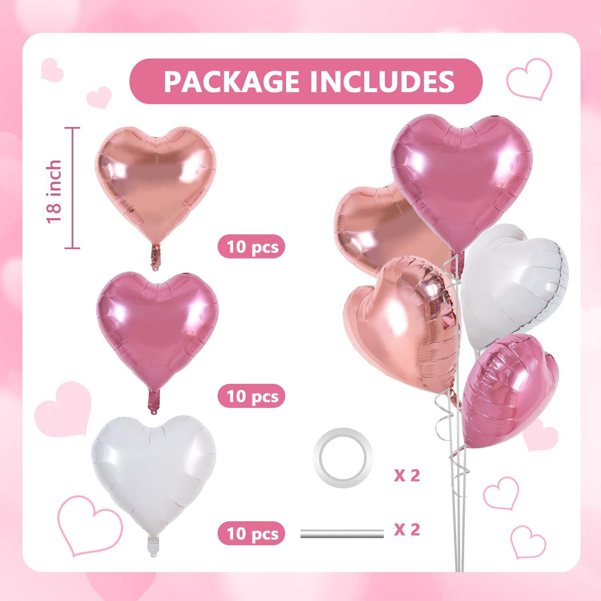 TONIFUL 30Pcs 18 Inch Rose Gold Pink Heart Balloons Pink White Heart Shape Foil Mylar Balloons