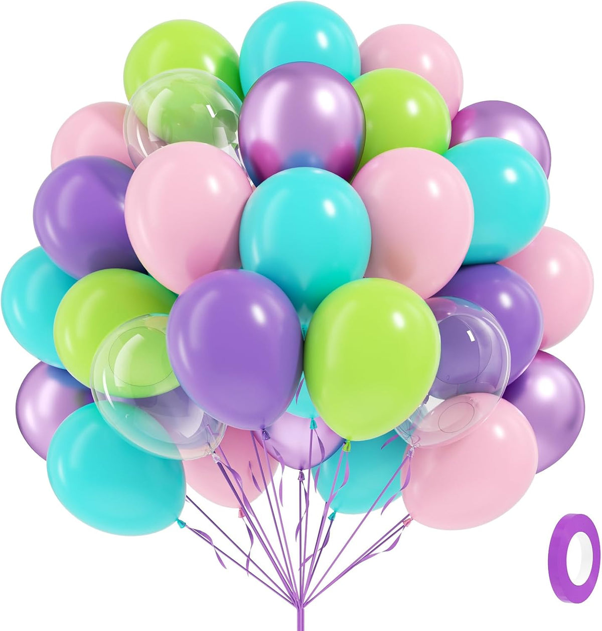 60pcs Blue and Green Balloons 12inch with Metallic Purple Lime Green Teal Light Pink Clear Balloons