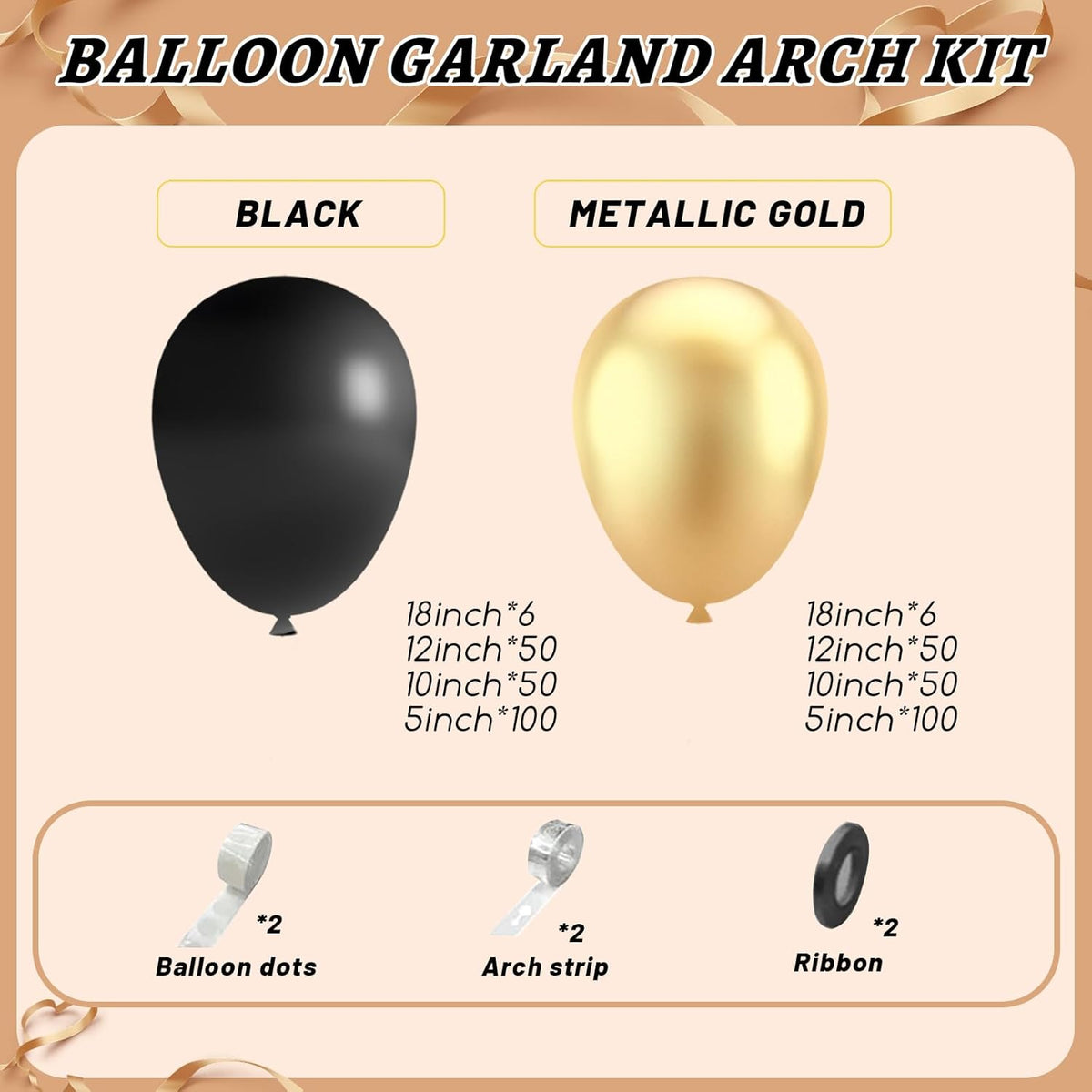 412Pcs Black and Gold Balloons Garland Arch Kit,18 12 10 5 Inch Different Size Black and Metallic