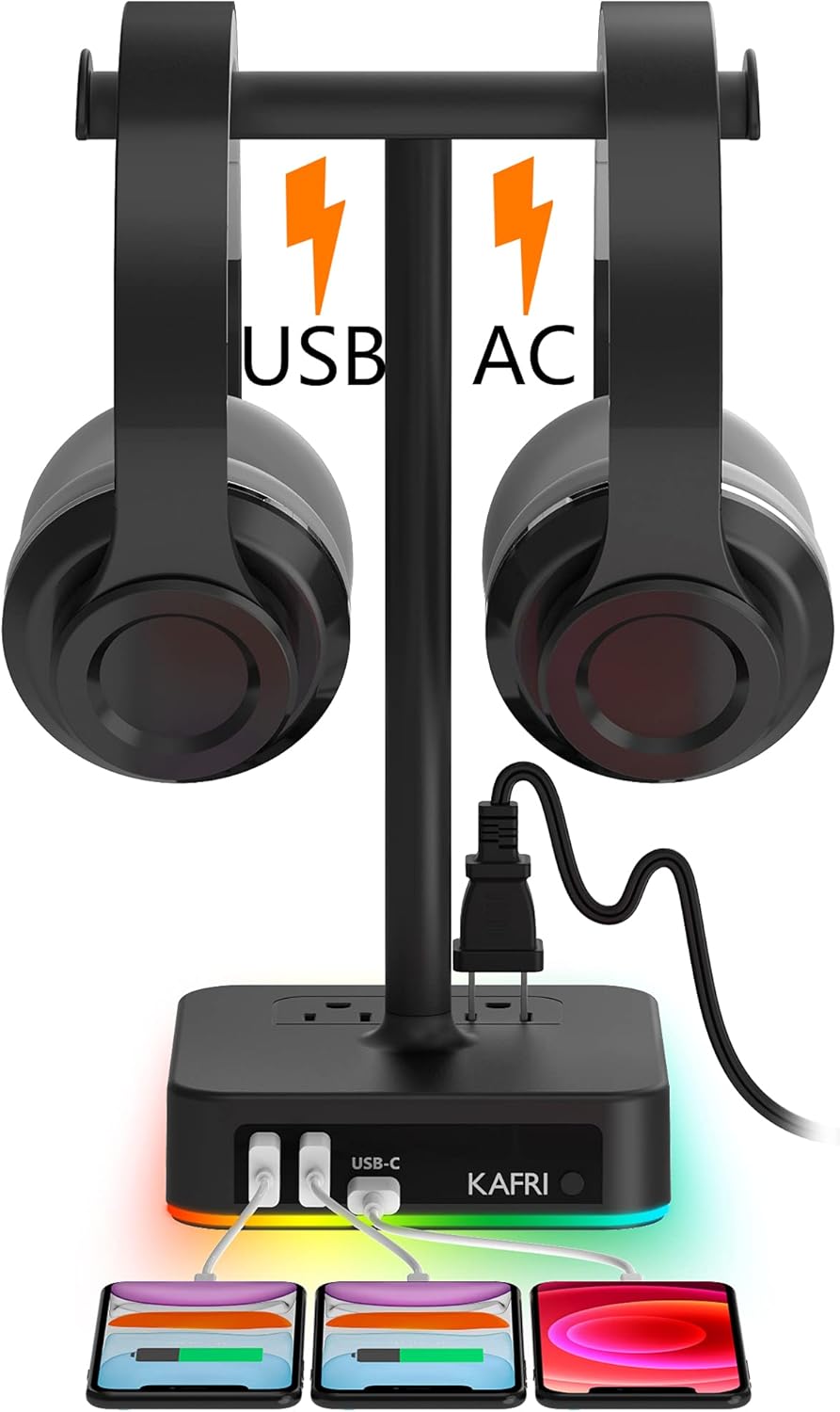 KAFRI RGB Dual Headphone Stand with USB C Charger Desk Gaming Double Headset Holder Hanger Rack
