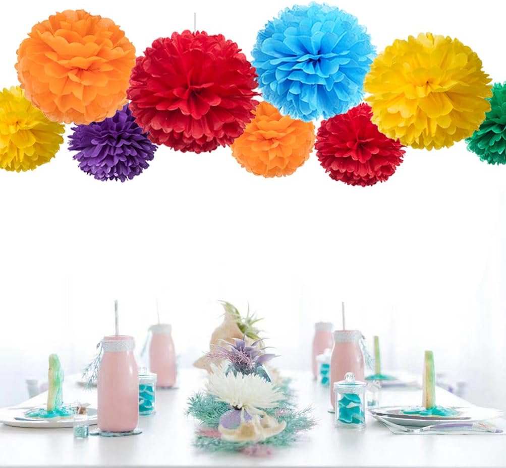 Rainbow Paper Flower Tissue Pom Poms for Birthday Graduation Wedding Pride Theme Party, Red Orange