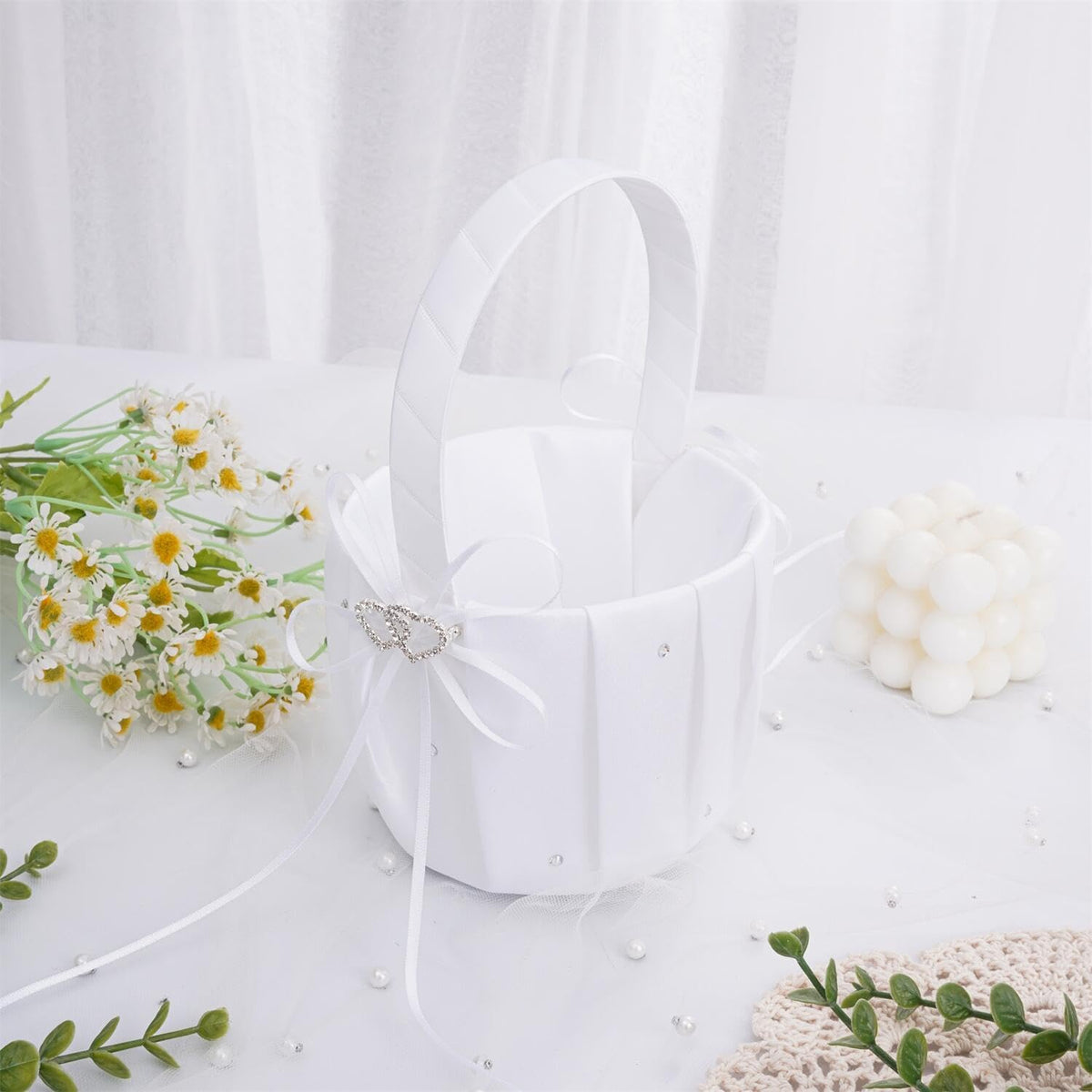 QIRMIZI Wedding Ring Pillow and Flower Girl Basket Set – Adorned with Pearl Rhinestones, White