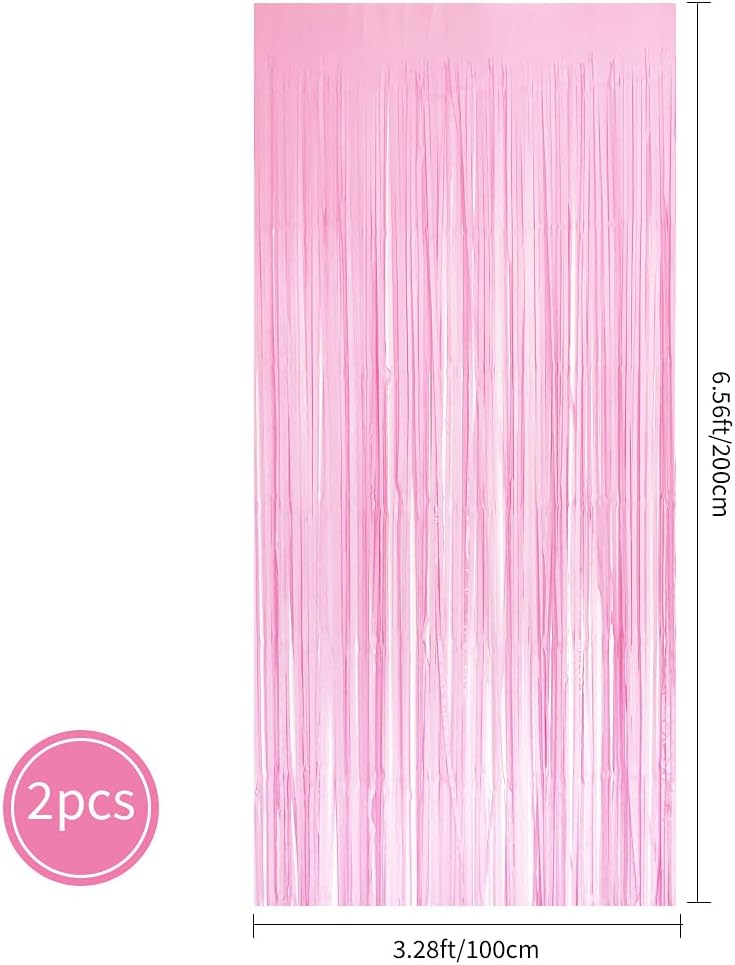 BEISHIDA 2 Pack Pink Tinsel Foil Fringe Curtains Light Macaron Metallic Curtain Photo Backdrop for