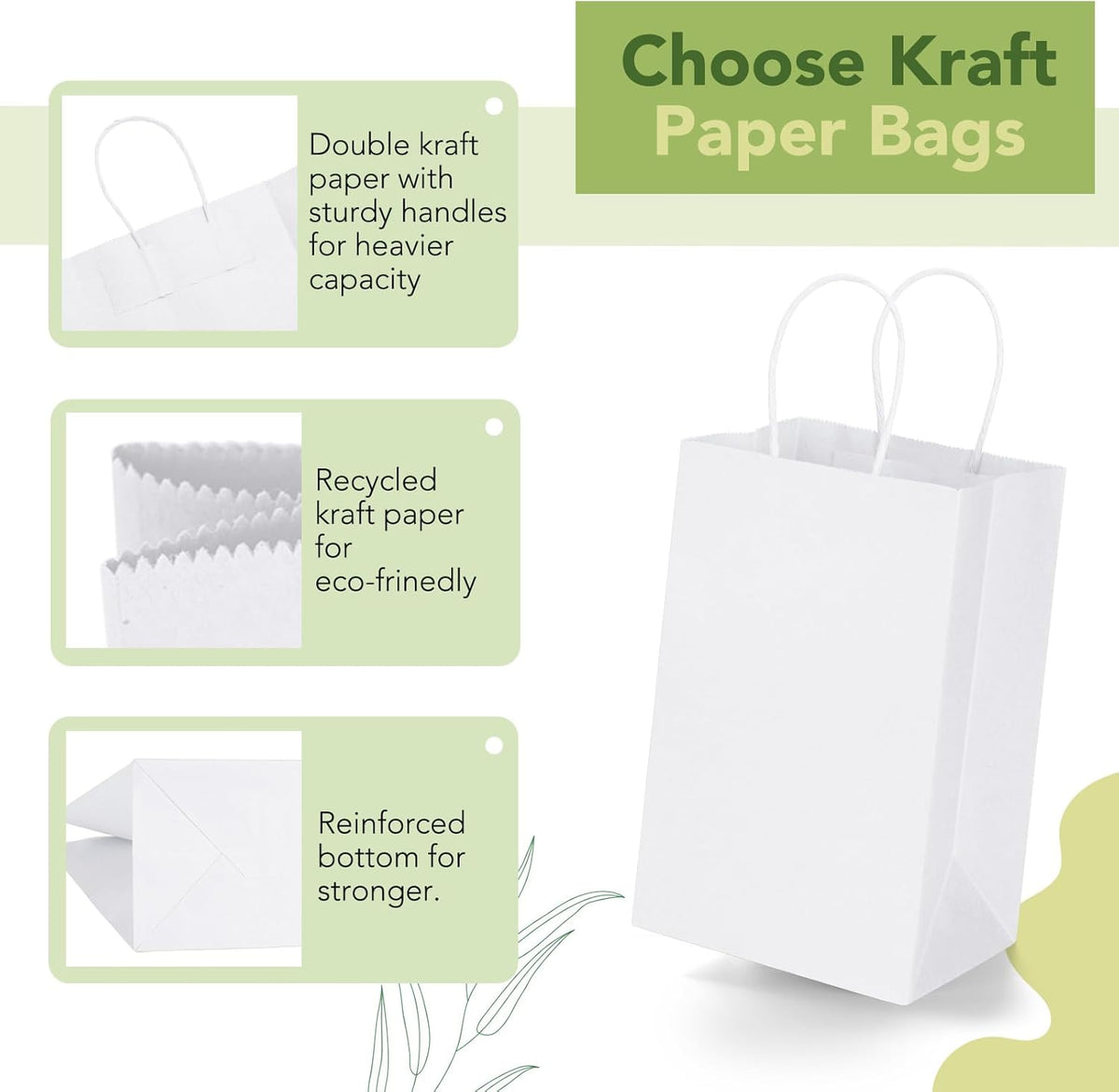 MESHA Kraft Gift Bags 200 Pack 5.25x3.75x8 Inch Small White Paper Bags with Handles Bulk for Small