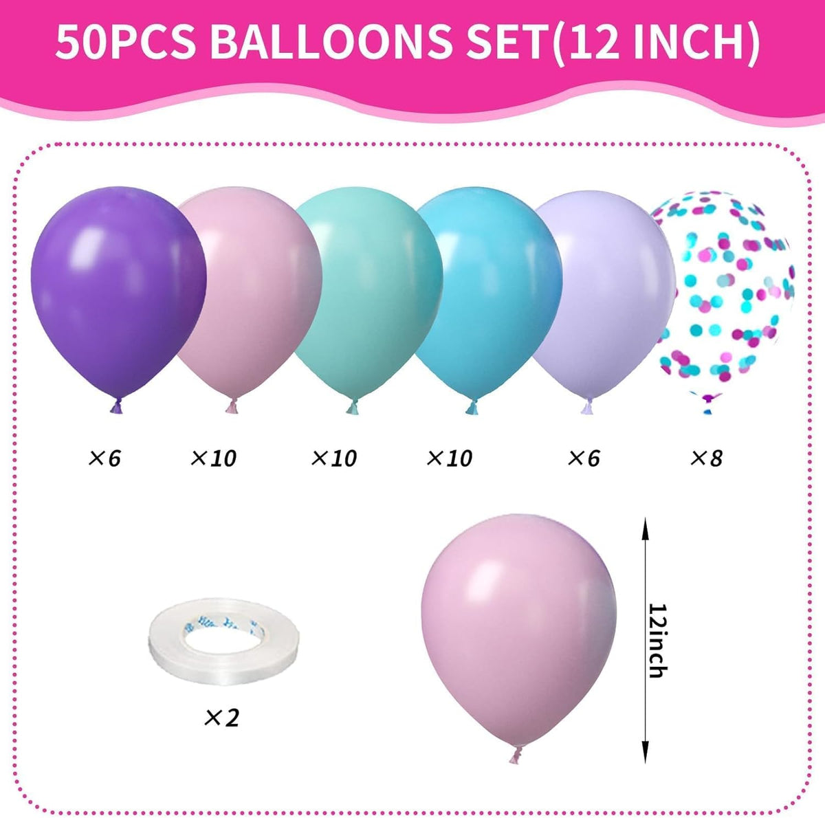 Mermaid Balloons, 50Pcs 12 Inchs Baby Pink Purple Blue Confetti Balloons for Girls Princess