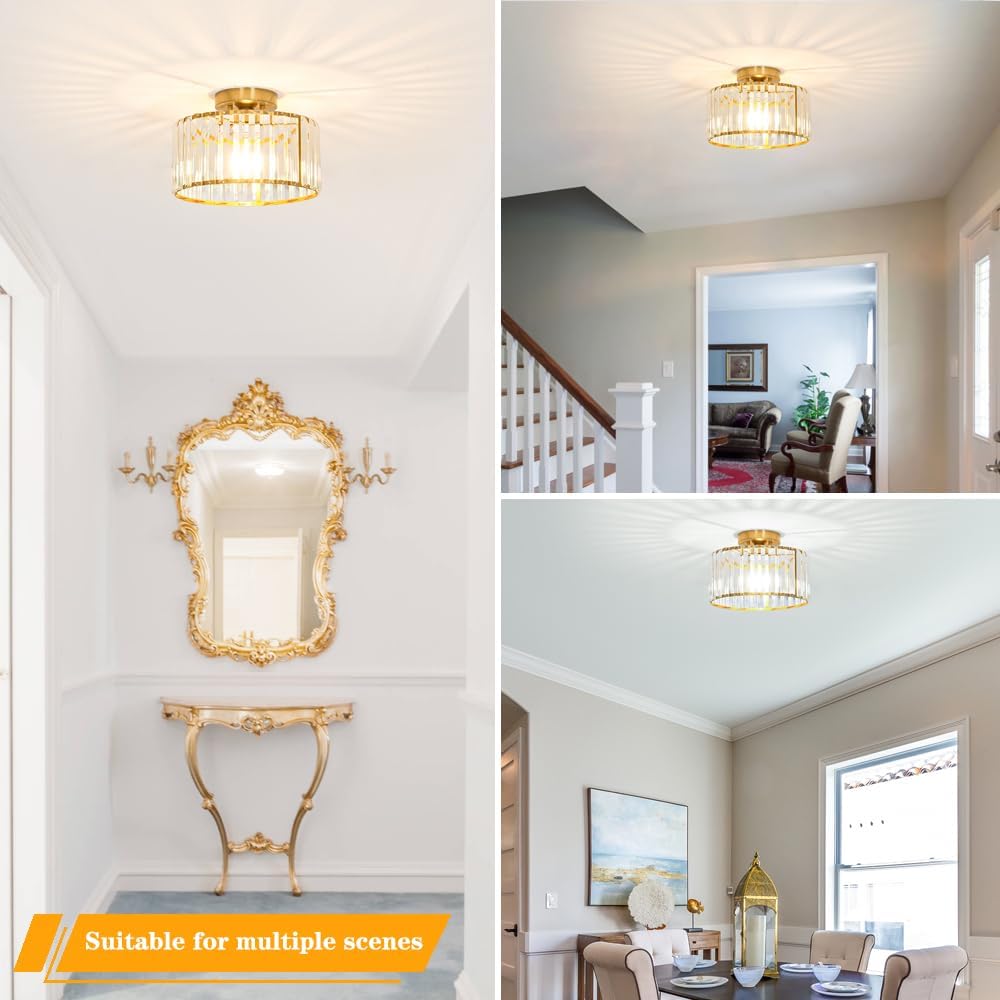 Crystal Ceiling Light Fixture, Modern Semi Flush Mount Ceiling Light, Gold Hallway Lighting