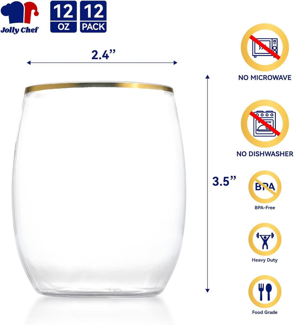 JOLLY CHEF 12 Pack 12oz Gold Plastic Wine Glasses Stemless, Gold Disposable Wine Cups, Premium