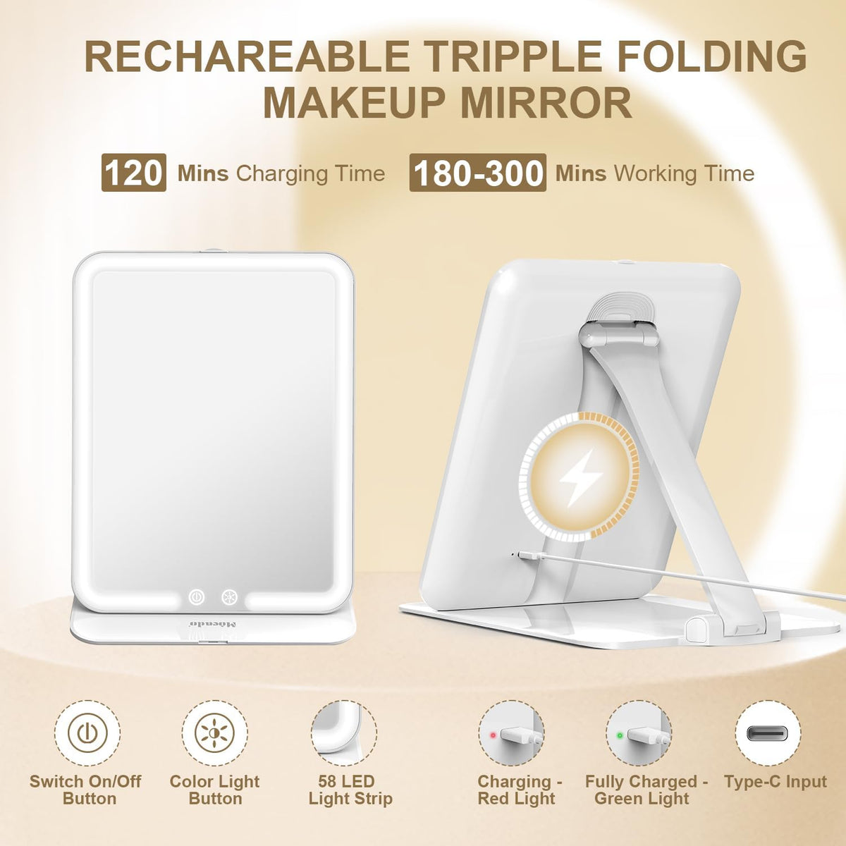 Mocado Travel Makeup Mirror with Light - 7x5 Inches Tripple Folding Travel Mirror with Light, 3
