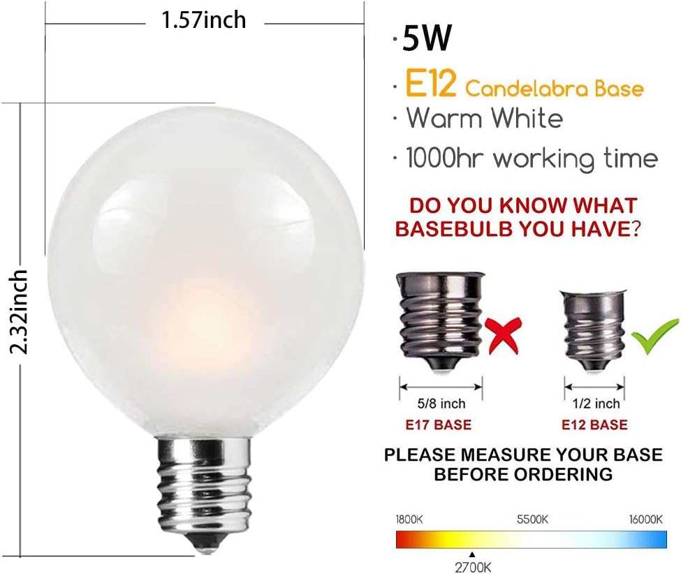 SUNSGNE 25Ft Outdoor Patio String Lights G40 with 27 Frosted White Globe Bulbs, Waterproof