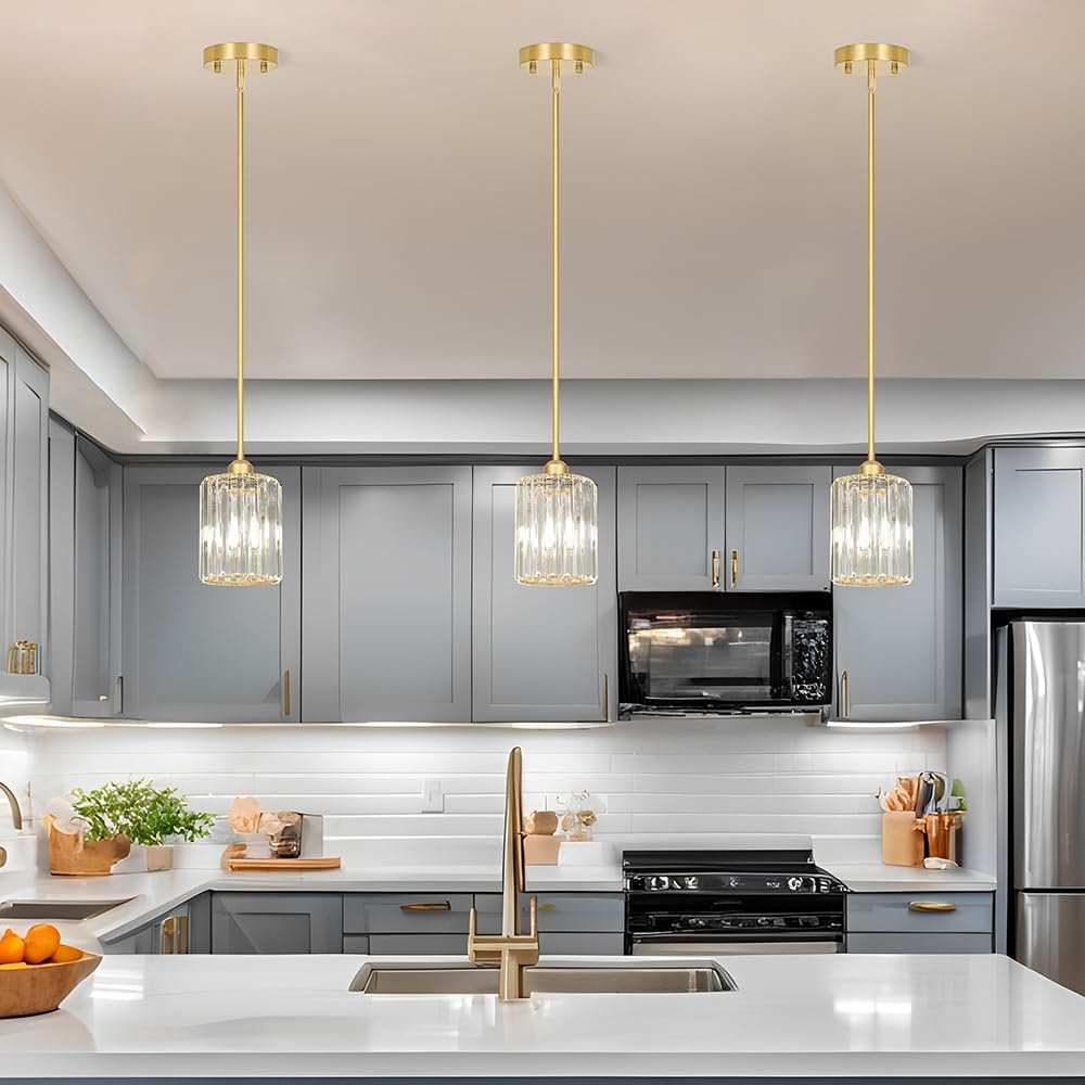 Gold Kitchen Pendant Lights Over Island with Adjustable Rods - Crystal Pendant Lighting Fixtures 3