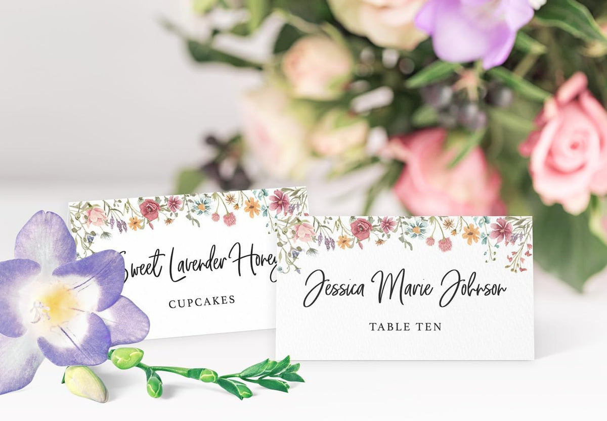 Printed Party Place Cards for Table Setting – Set of 25 Blank Name Cards – Wildflower Design for