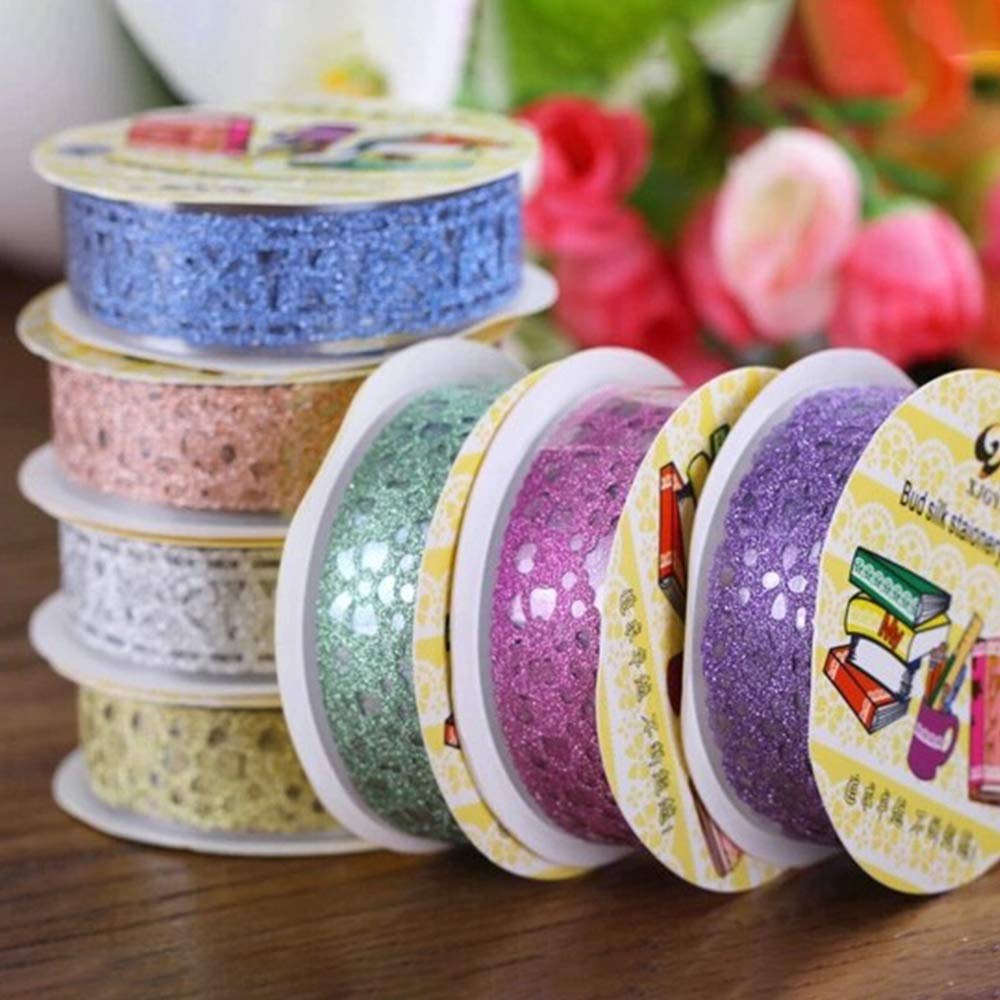 SallyFashion Washi Tape for Scrapbooking, 6 Roll Lace Pattern Glitter Tape in 6 Colors for