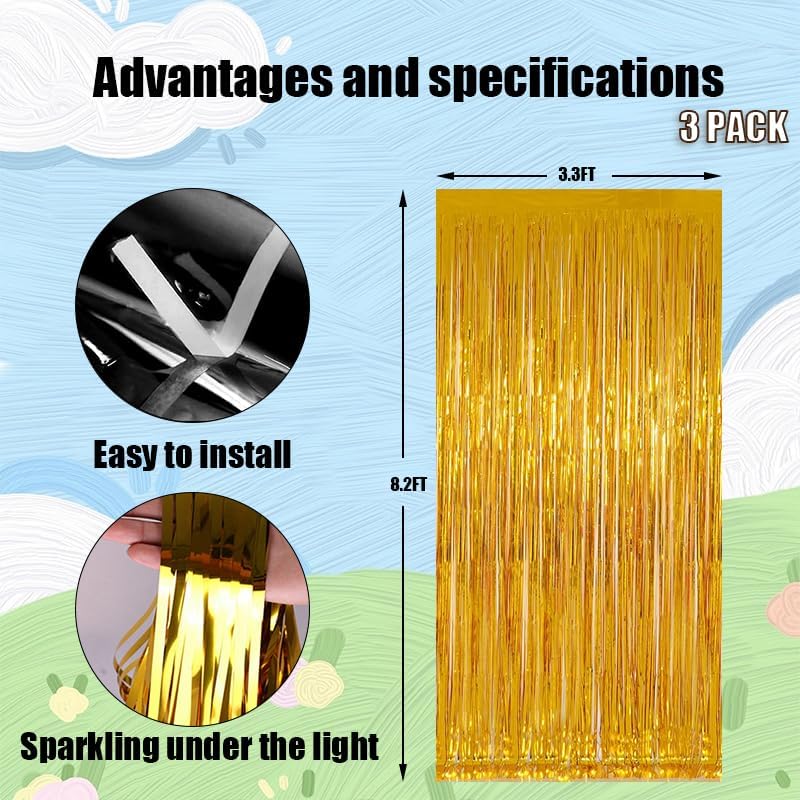 Keyali 3 Pack 3.3 * 8.3 ft Foil Curtain Metallic Tinsel Fringe Curtains Photo Booth Props Backdrop
