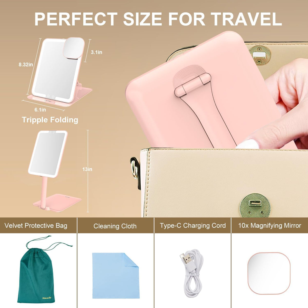 Mocado Travel Makeup Mirror with Light, Tripple Folding Vanity Mirror with Lights, 3 Colors Lighted
