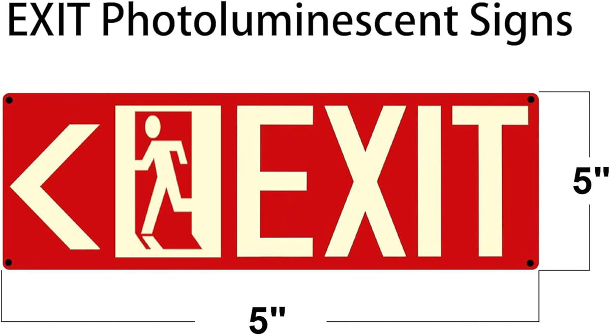 Photoluminescent Exit Signs, 14x5 inches, Red with Glow in Dark Feature, Self-Adhesive Aluminum