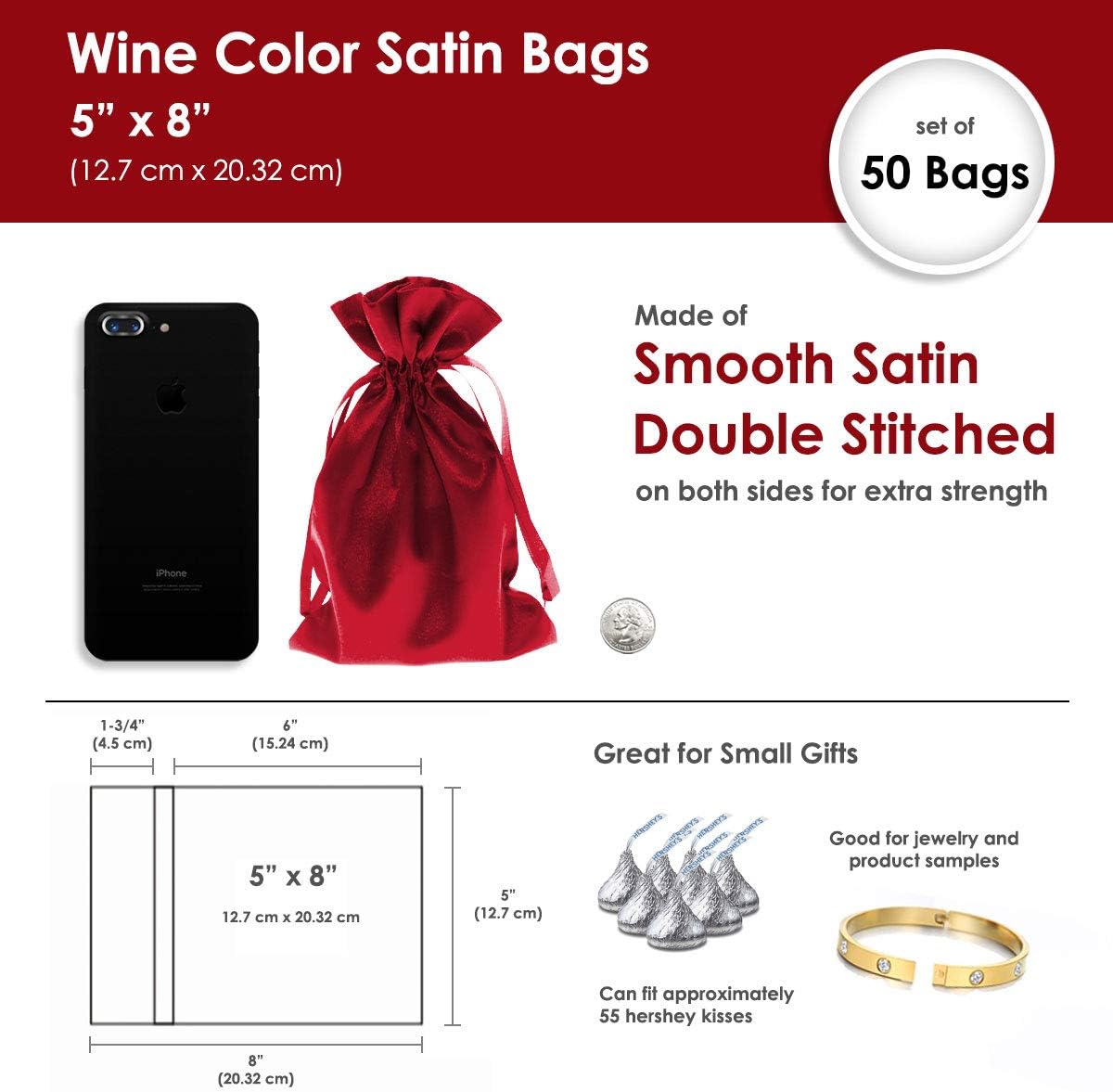 5" x 8" Wine Satin Gift Bags, Jewelry Bags, Wedding Favor Drawstring Bags Baby Shower Christmas