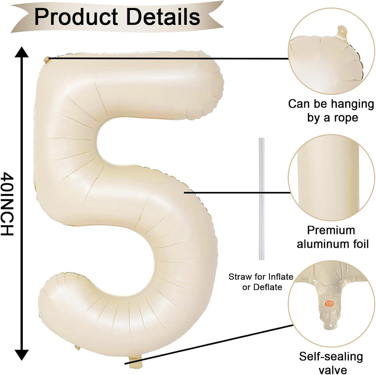 Beige Balloon Number 5, 40 Inch Large Self Inflating Foil Mylar Number Balloons 0-9 for Boys Women