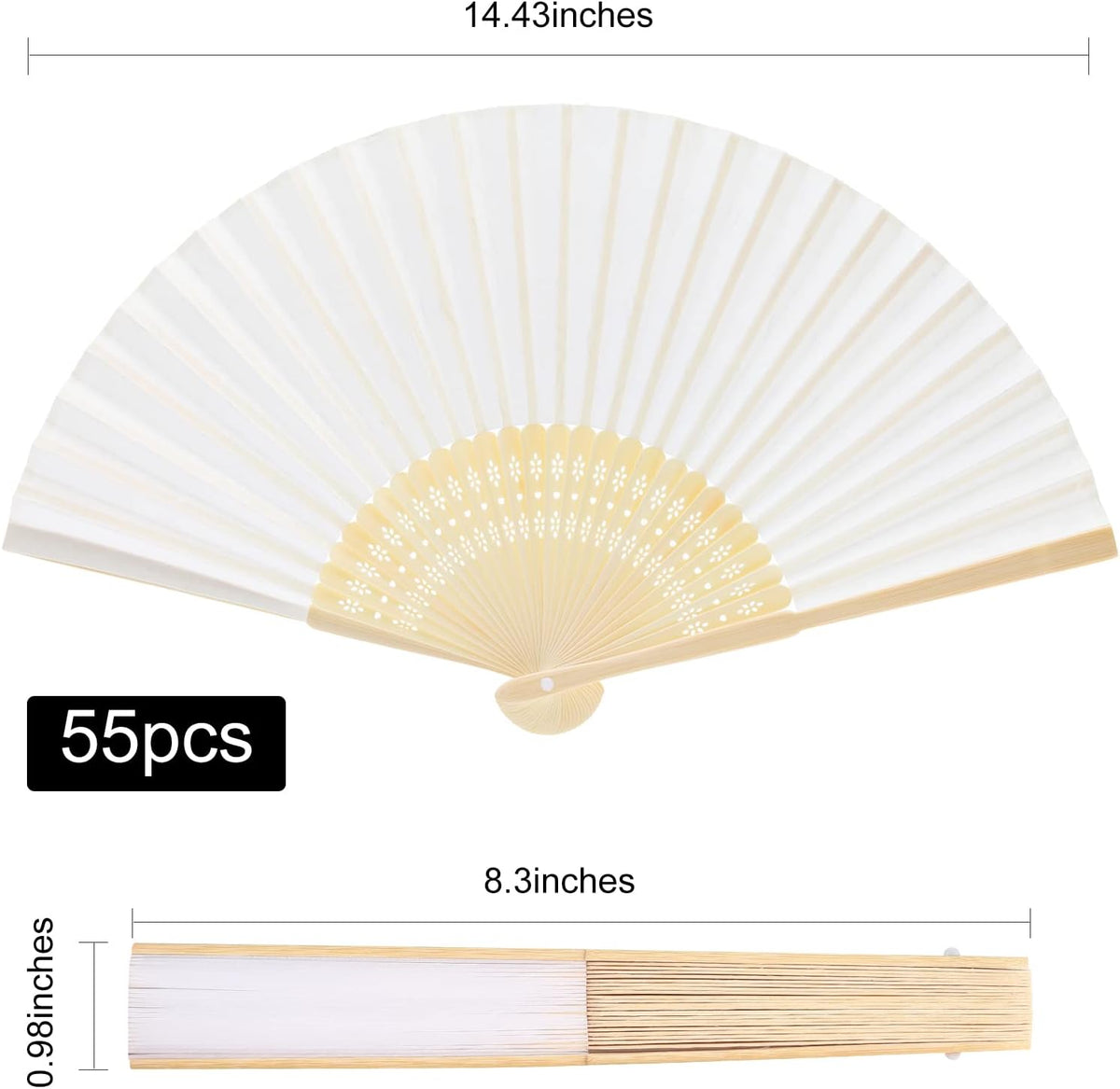 FEPITO 55 Pieces White Handheld Paper Fan Paper Folding Fans with Bamboos for Wedding Gift, Party