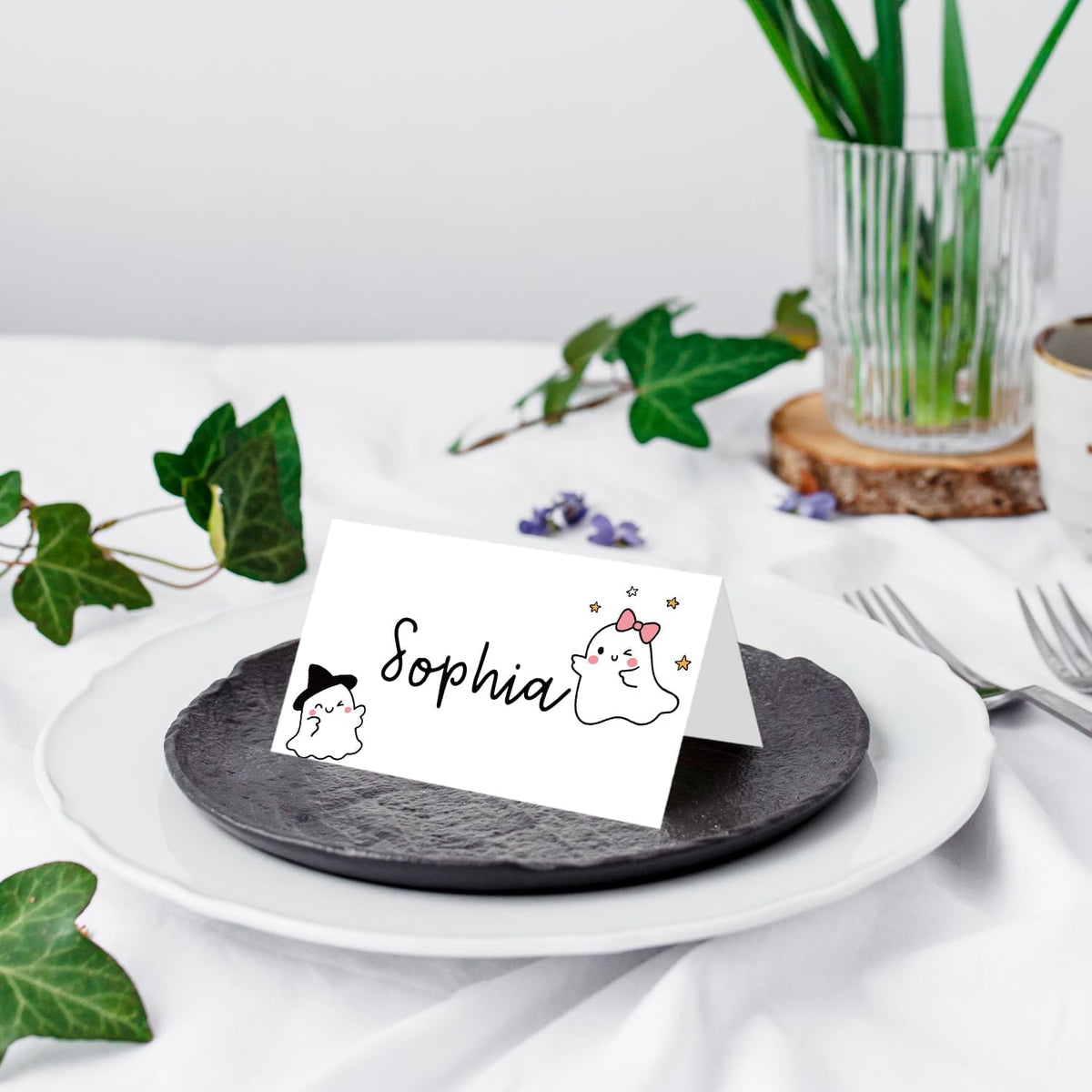 25 Pack Halloween Place Cards, Editable Name Cards for Table Setting, Cute Ghost Tent Cards Food