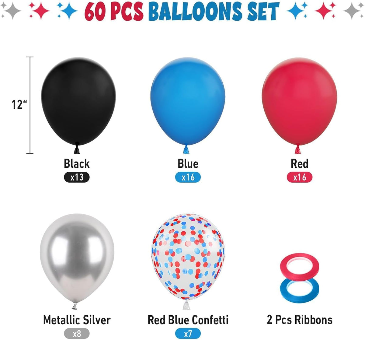 FunHot Red and Blue Balloons, 60 Pcs Red Black Blue Balloons, 12 Inch Metallic Silver Latex Balloon