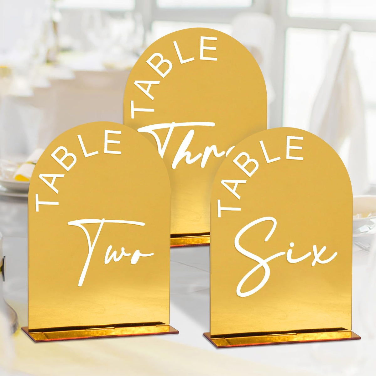Gold Mirror Arch Wedding Table Numbers 1-10 with Stands, 5x7 Inch Acrylic Arch Sign with Holder for