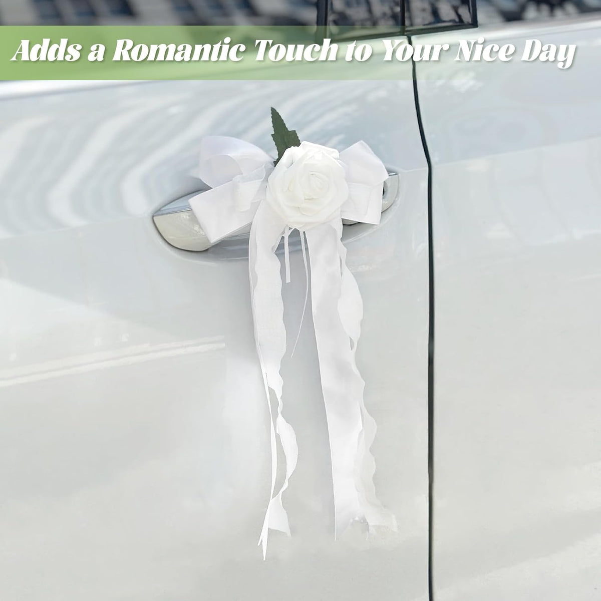 6PCS Wedding Car Door Handle Flowers, White Artificial Cars Rearview Mirror Bouquet Flower Bowknot