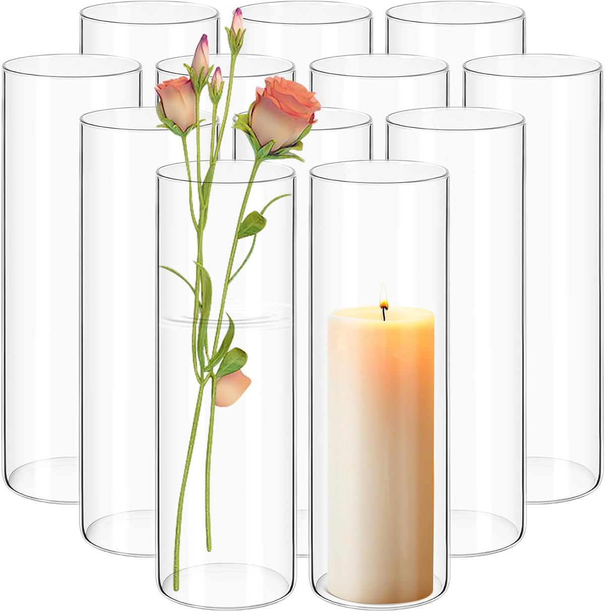 12Pack Glass Cylinder Vases for Centerpieces - 10 Inch Tall Flower Vase for Wedding Decorations