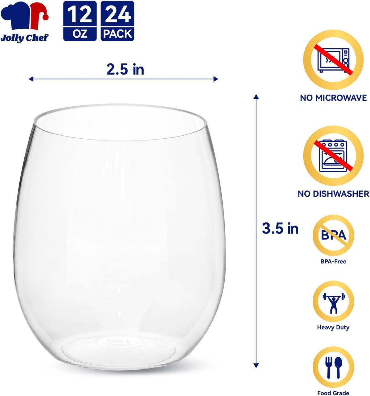 JOLLY CHEF 24 Pack 12 Oz Disposable Plastic Wine Glasses. Shatterproof, Unbreakable, Crystal