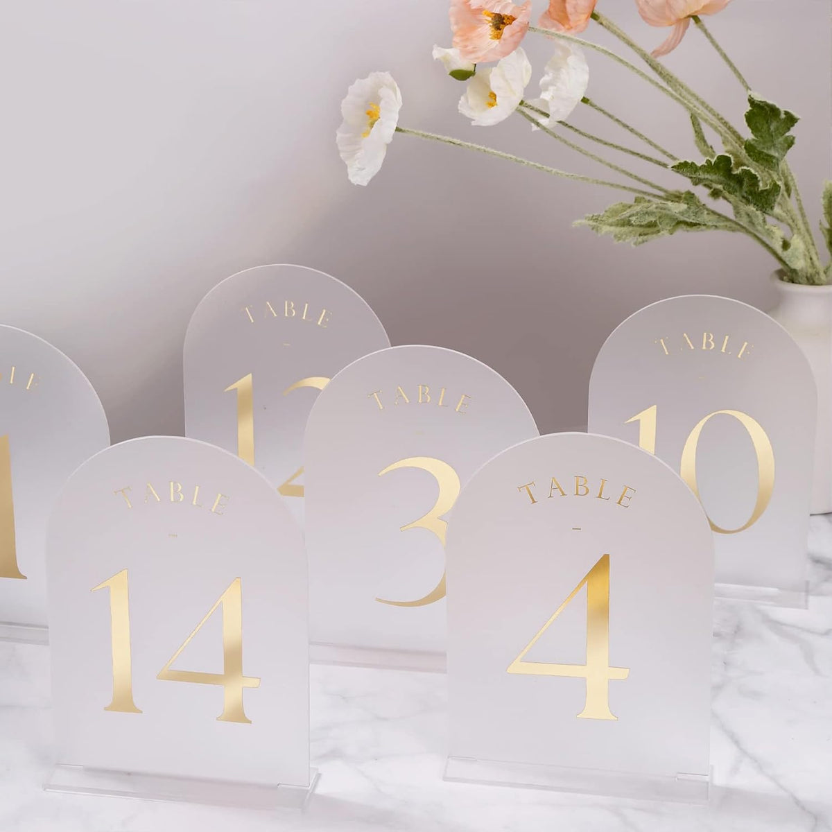 UNIQOOO Frosted Arch Wedding Table Numbers with Stands 1-30, Gold Foil Printed 5x7 Acrylic Display