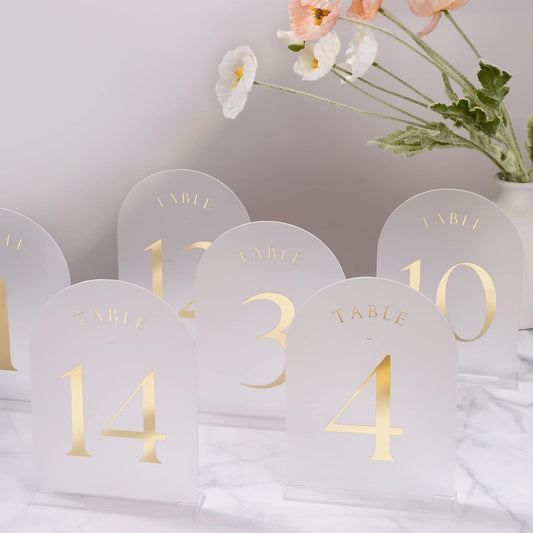 UNIQOOO Frosted Arch Wedding Table Numbers 1-20, Gold Foil Printed 5x7 Acrylic Display Signs and