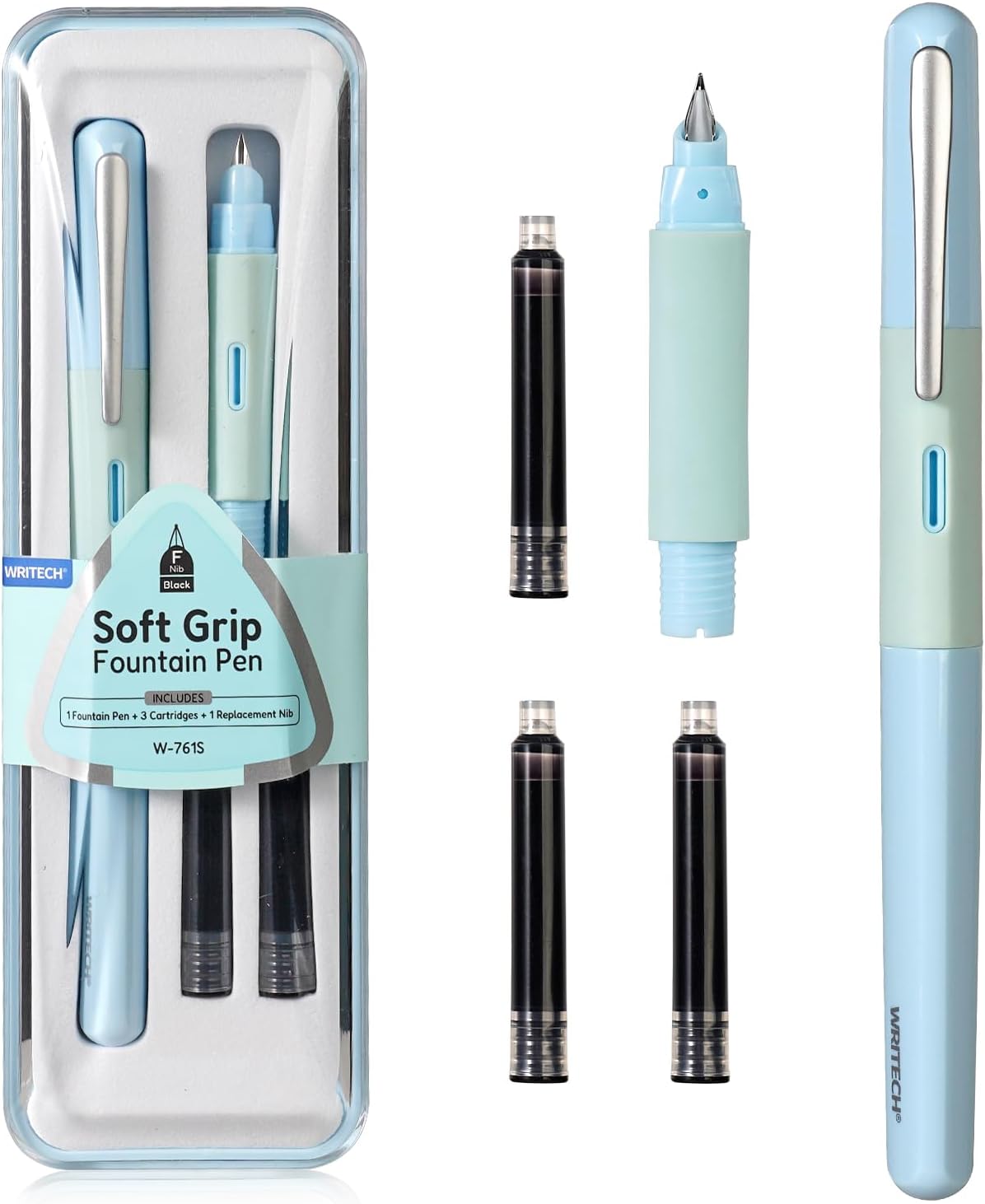 WRITECH Soft Grip Fountain Pen: Black Ink Fine Nib Pen with 1 Replacement Nib Set and 3 Ink
