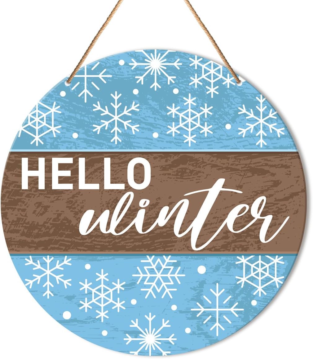 Muktoujaumai Hello Winter Sign Front Door Decor, Christmas Round Hanging Sign Decor Farmhouse