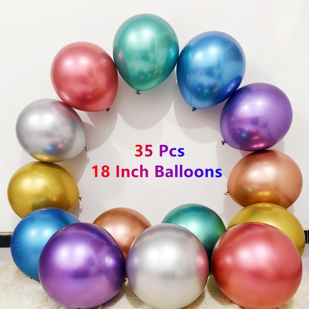 35 Pack Metallic Balloons 18 Inch Chrome Shiny Assorted Colors Latex Rainbow 7 Kinds Color Large