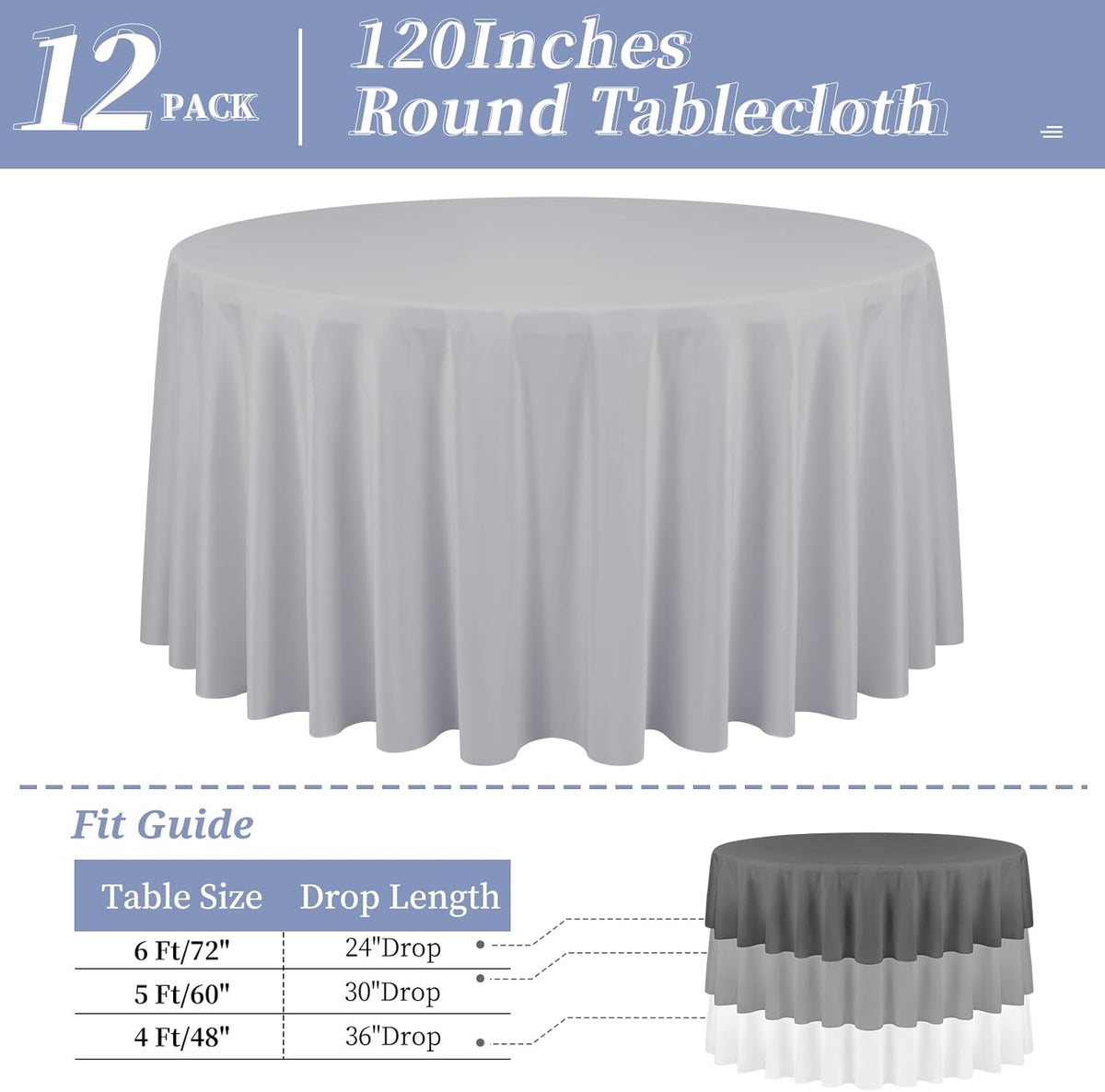 12 Pack Round Tablecloth 120 Inch - Light Grey Polyester Table Cloth for Round Table, Premium Light