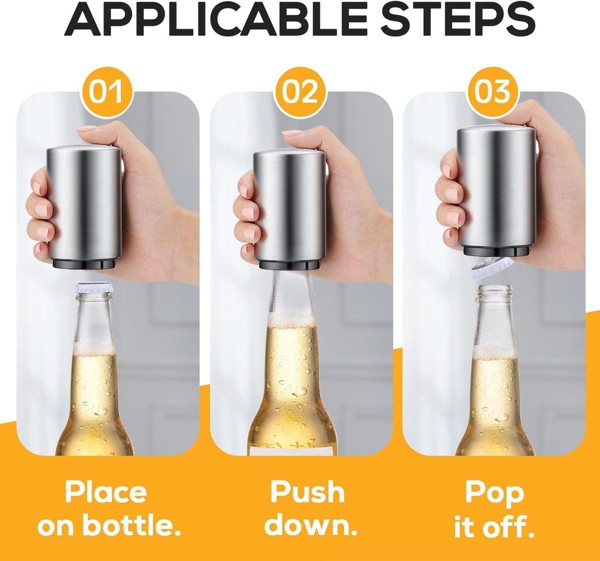 6 Pack Premium Beer Bottle Opener (Silver), Automatic Bottle Openers, Stainless Steel Push Down