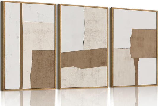 myusuar 3 Piece Large Modern Abstract Canvas Framed Wall Art For Living Room, Brown And Beige Block