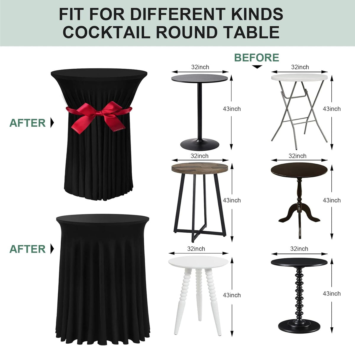 Cocktail Table Covers - 3 Pack 32"x 43" Black Cocktail Table Tablecloth with Natural Wavy Round