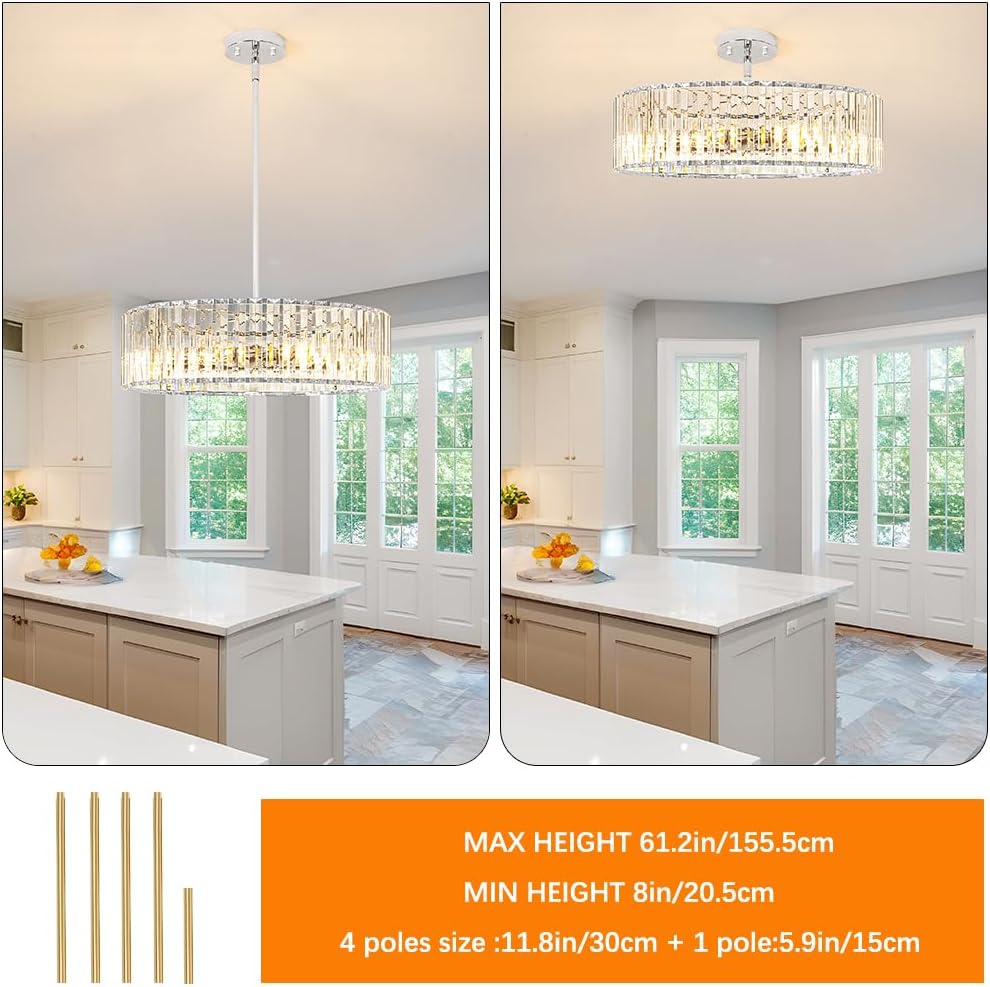 Modern Crystal Chandelier for Dining Room, 6 Light Chrome Semi Flush Mount Ceiling Light Fixtures